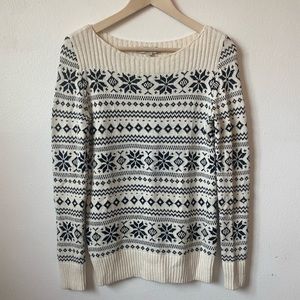 LOFT Snowflake Fair Isle Sweater Cream Black Boatneck Ribbed Hem Holiday Size- S
